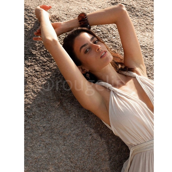 Beige Cream Viscose Greek Goddess Jumpsuit V-Neck Braided Straps Ties - Picture 4 of 14